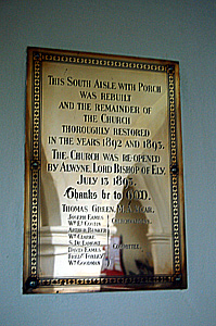 Church restoration plaque on the south aisle wall December 2008